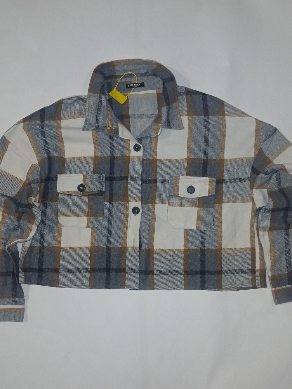 Womens Plaid Button-Front Jacket - Blue, Cream & Brown